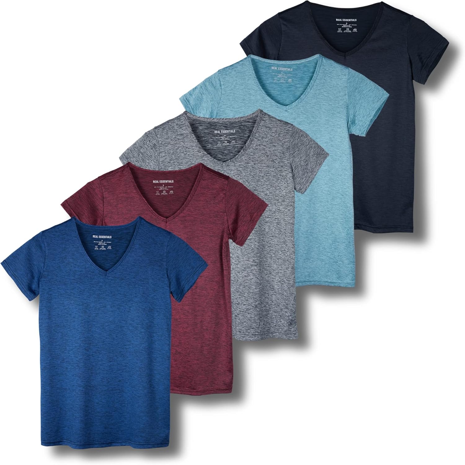Real Essentials 5 Pack: Women's Short Sleeve V-Neck Activewear T-Shirt Dry-Fit W...
