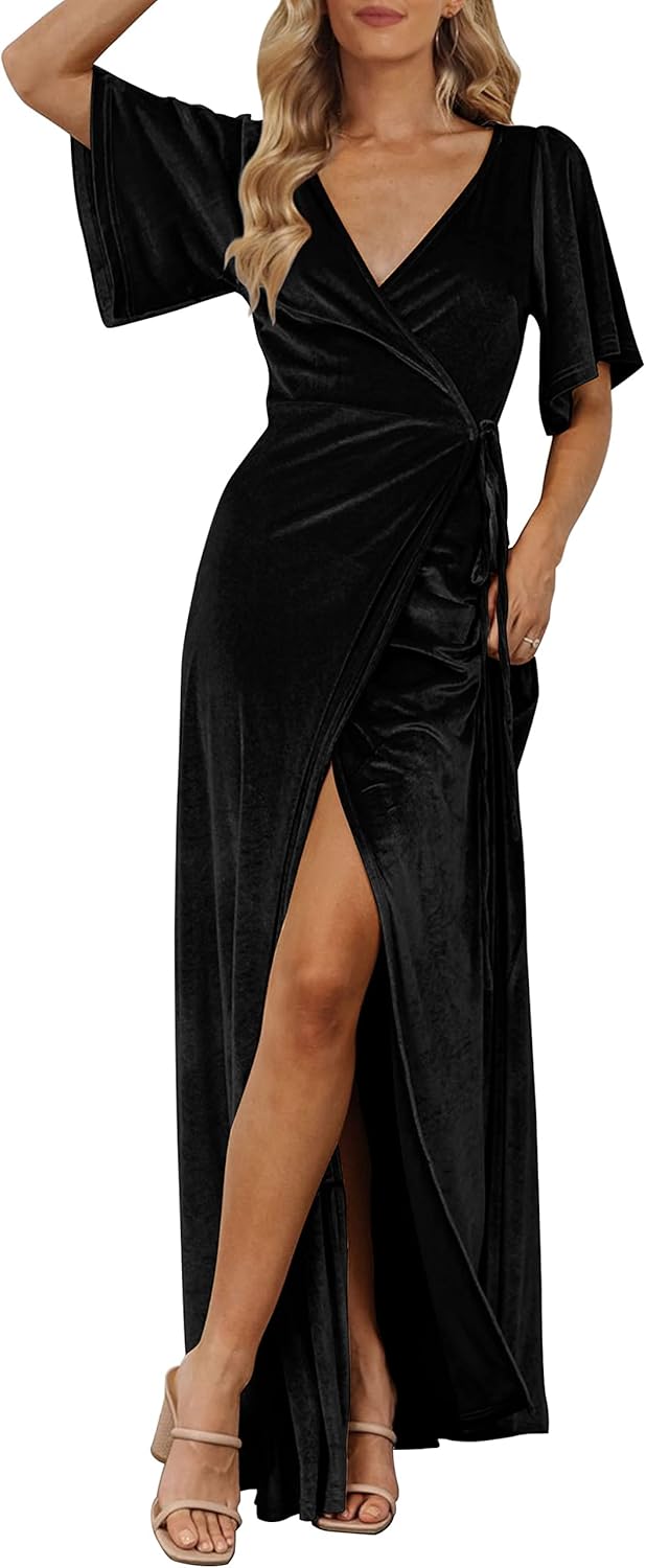 MEROKEETY Women's V Neck Wrap Velvet Maxi Dress Bell Sleeve Split Bridesmaid Coc...