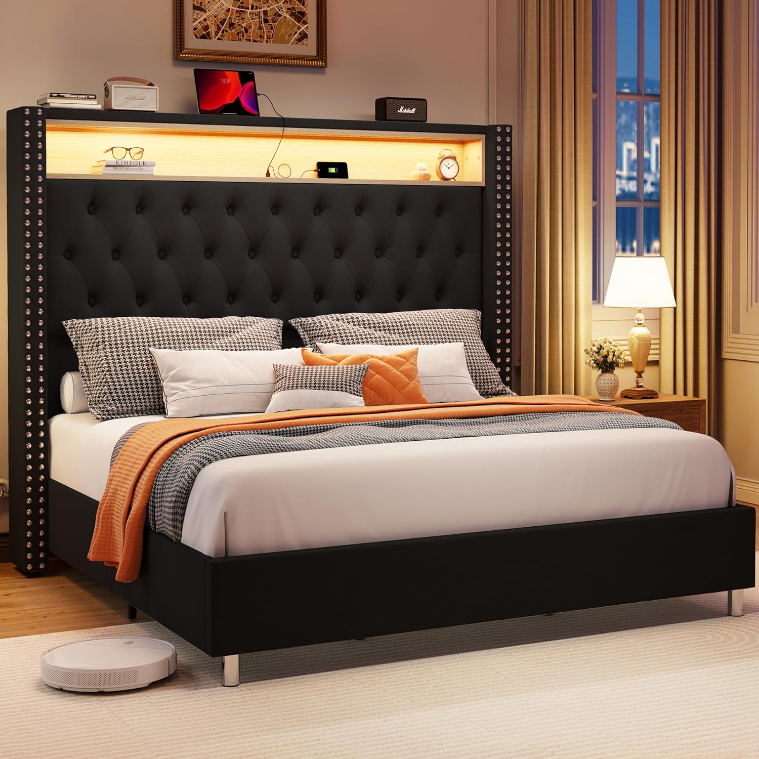 Jocisland Bed Frame, Special Bed Frame with LED Lights and Charging Station, Inn...