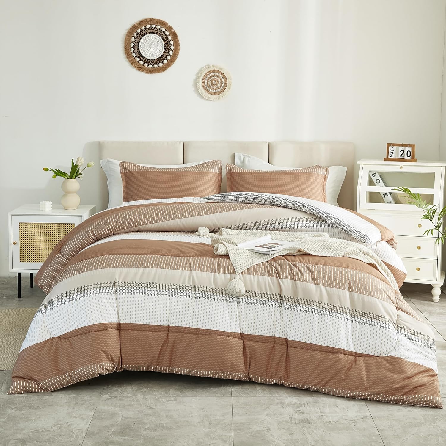 Litanika Beige King Size Comforter Set, Special 3 Pieces Lightweight Comforter S...