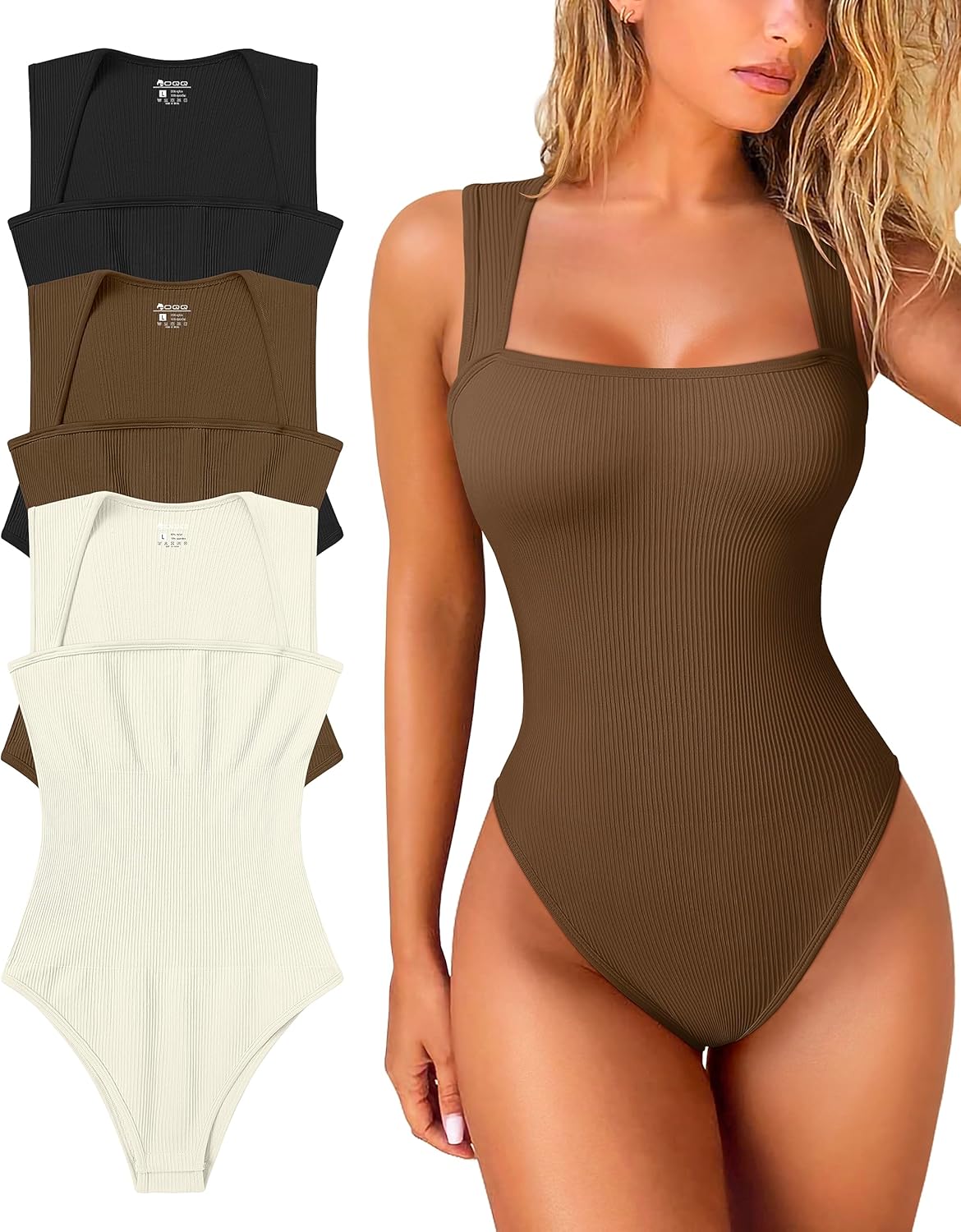 OQQ Women's Bodysuits, Special 3 Piece Bodysuits with Sexy Ribbed Strappy Square...