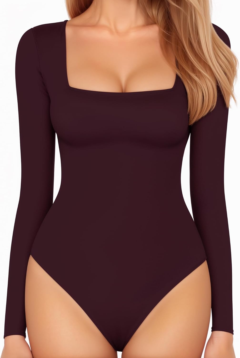 MANGOPOP Women's Square Neck Bodysuit, Special Slim Fitted Long Sleeve Top, Inno...