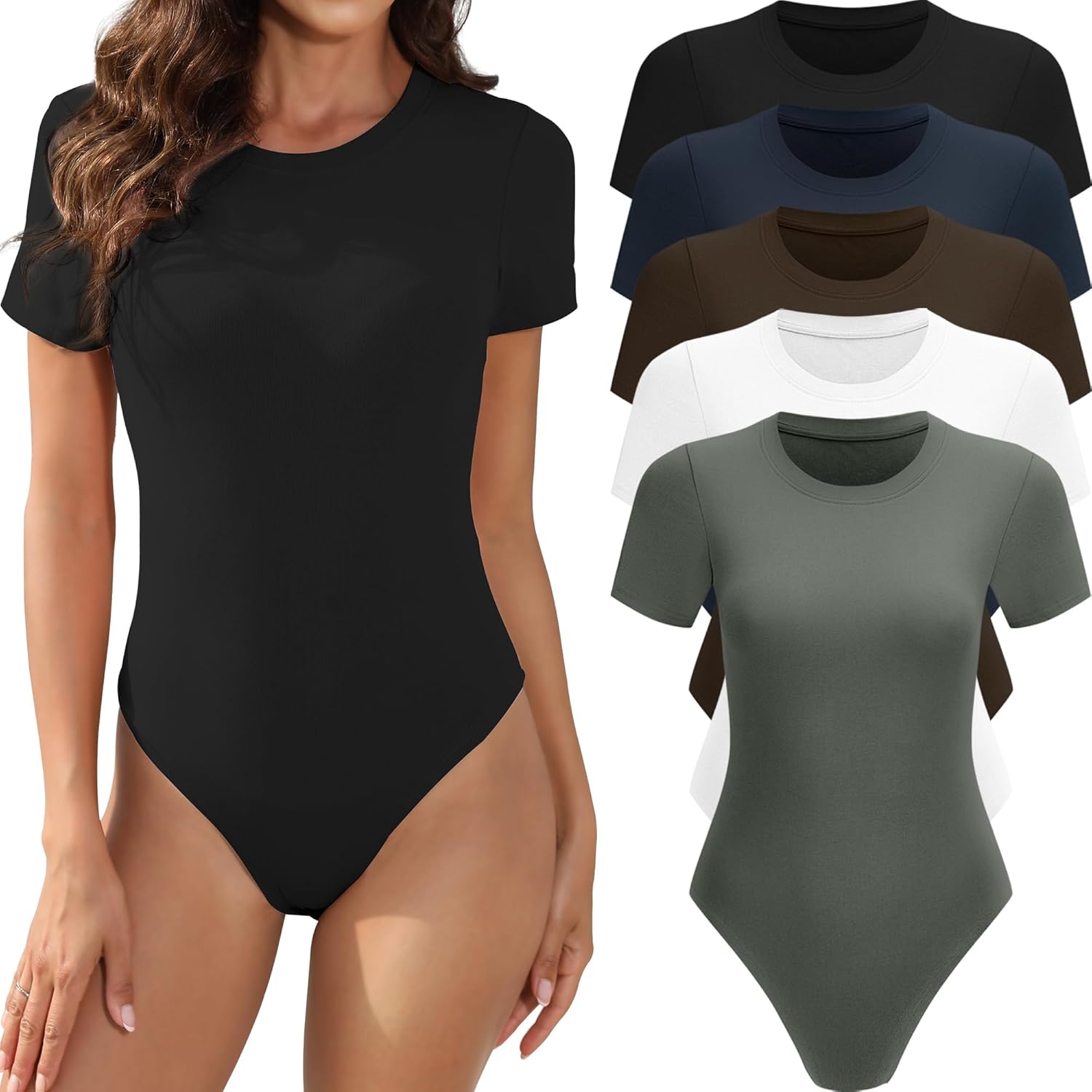 5 Pack Body Suits for Women, Special Short Sleeve Round Neck Casual Stretchy Bas...
