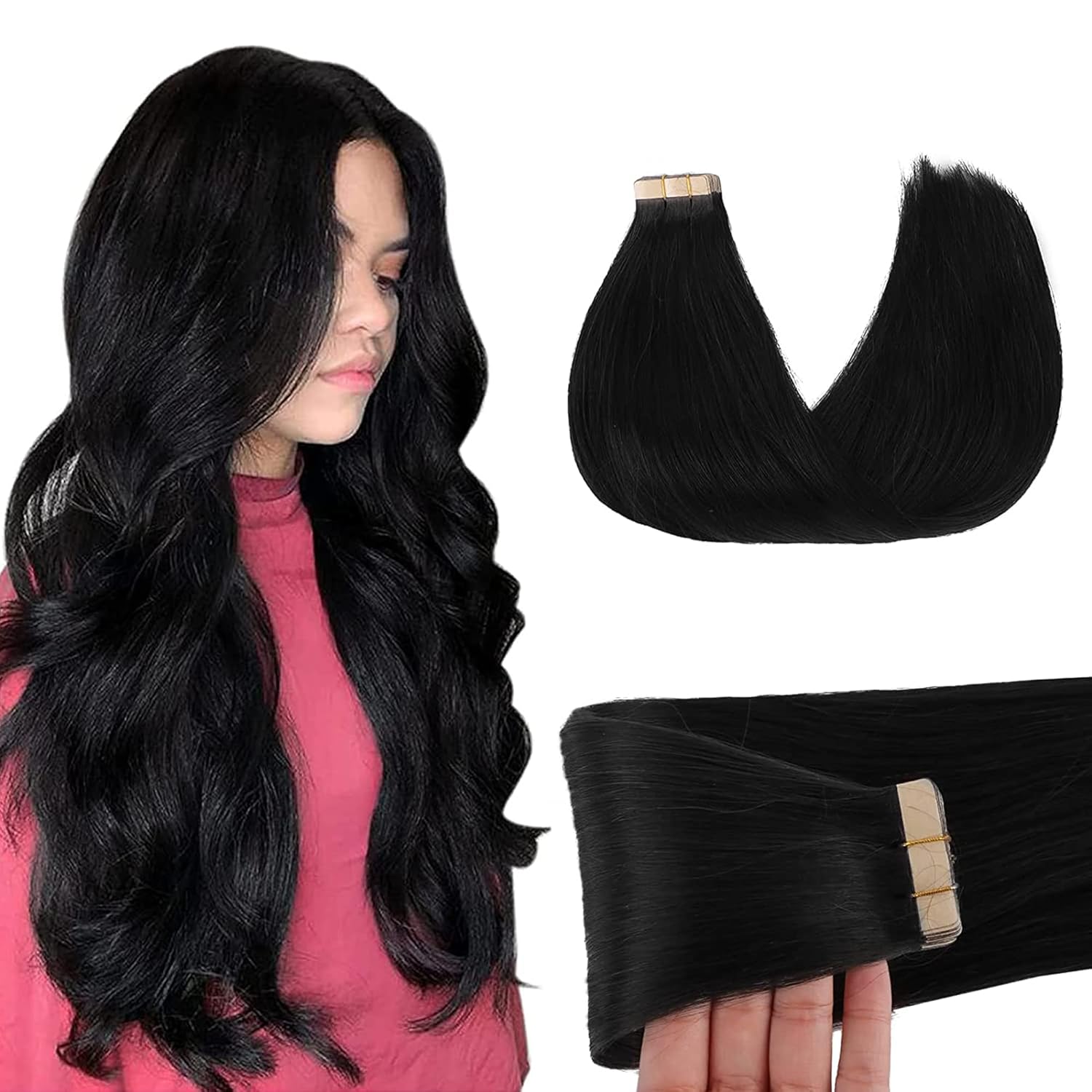 GOO GOO Tape in Hair Extensions Human Hair, 1 Jet black, 24inch 50g 20pcs, Thick...