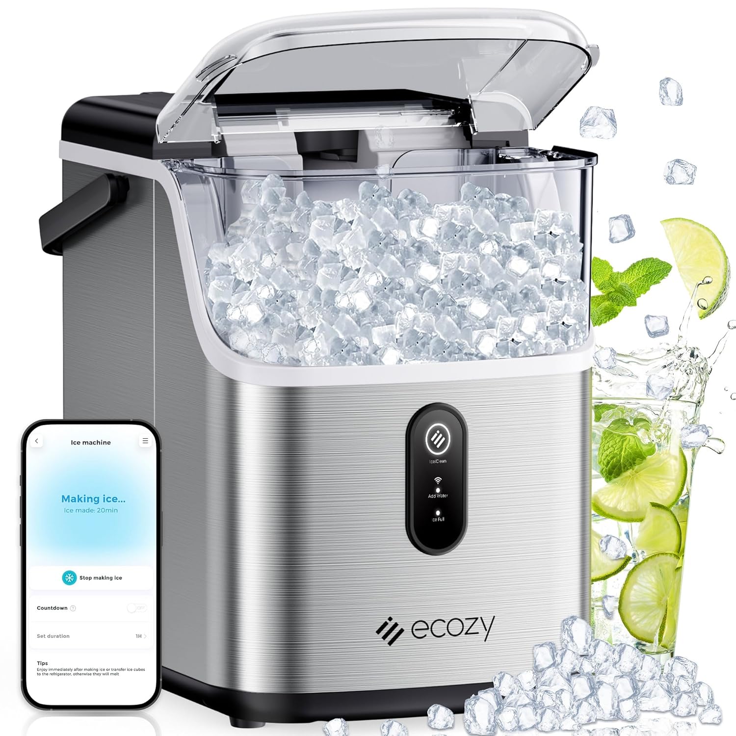 ecozy Smart Nugget Ice Maker Countertop, Pebble Ice Maker with 35lbs/24H Soft Ch...