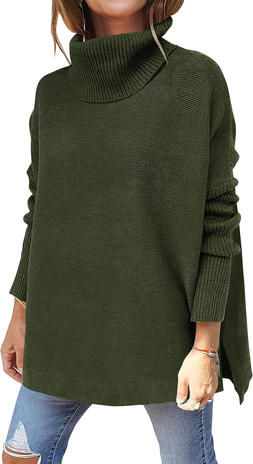 ANRABESS Women's Oversized Turtleneck, Special Batwing Sleeve Spilt Casual Pullo...
