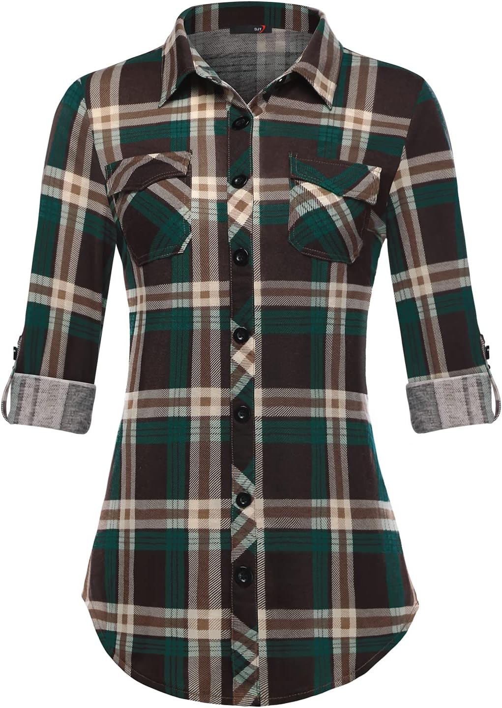 DJT Womens Soft Stretchy Knit Shirts, Special Plaid Blouses with Roll Up Long Sl...