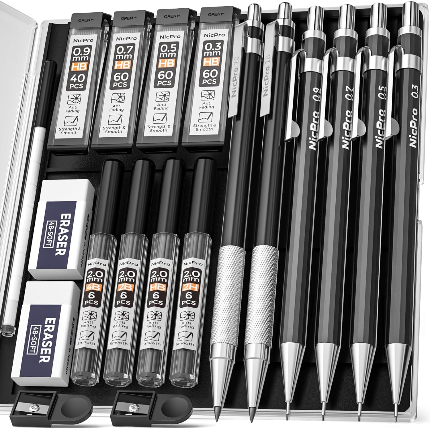 Nicpro 6 PCS Art Mechanical Pencil Set, Black Metal Drafting Pencil 0.3, 0.5, 0....