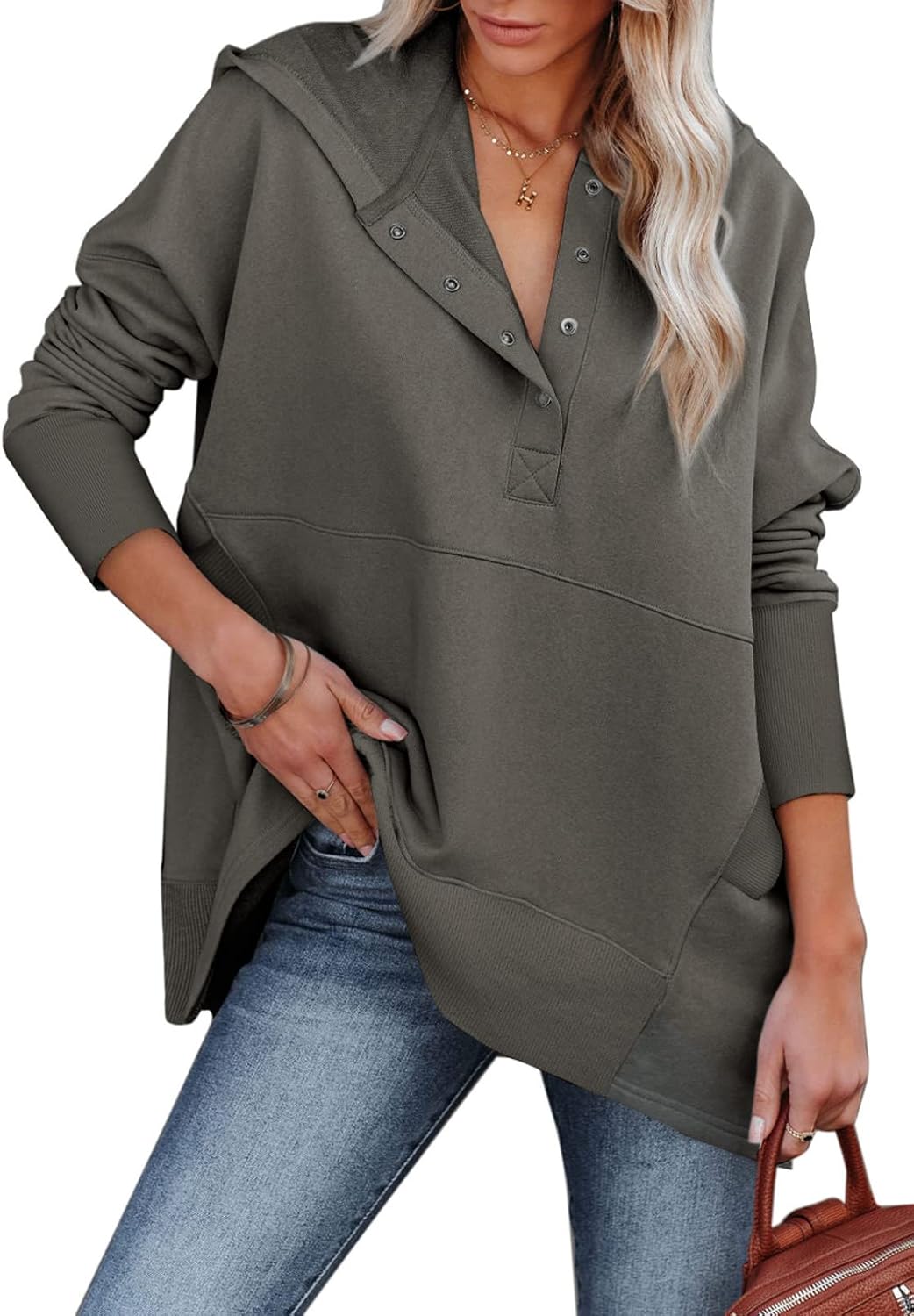 AlvaQ Oversized Hoodie, Special Button V Neck Hooded Pullover, Innovative Women'...