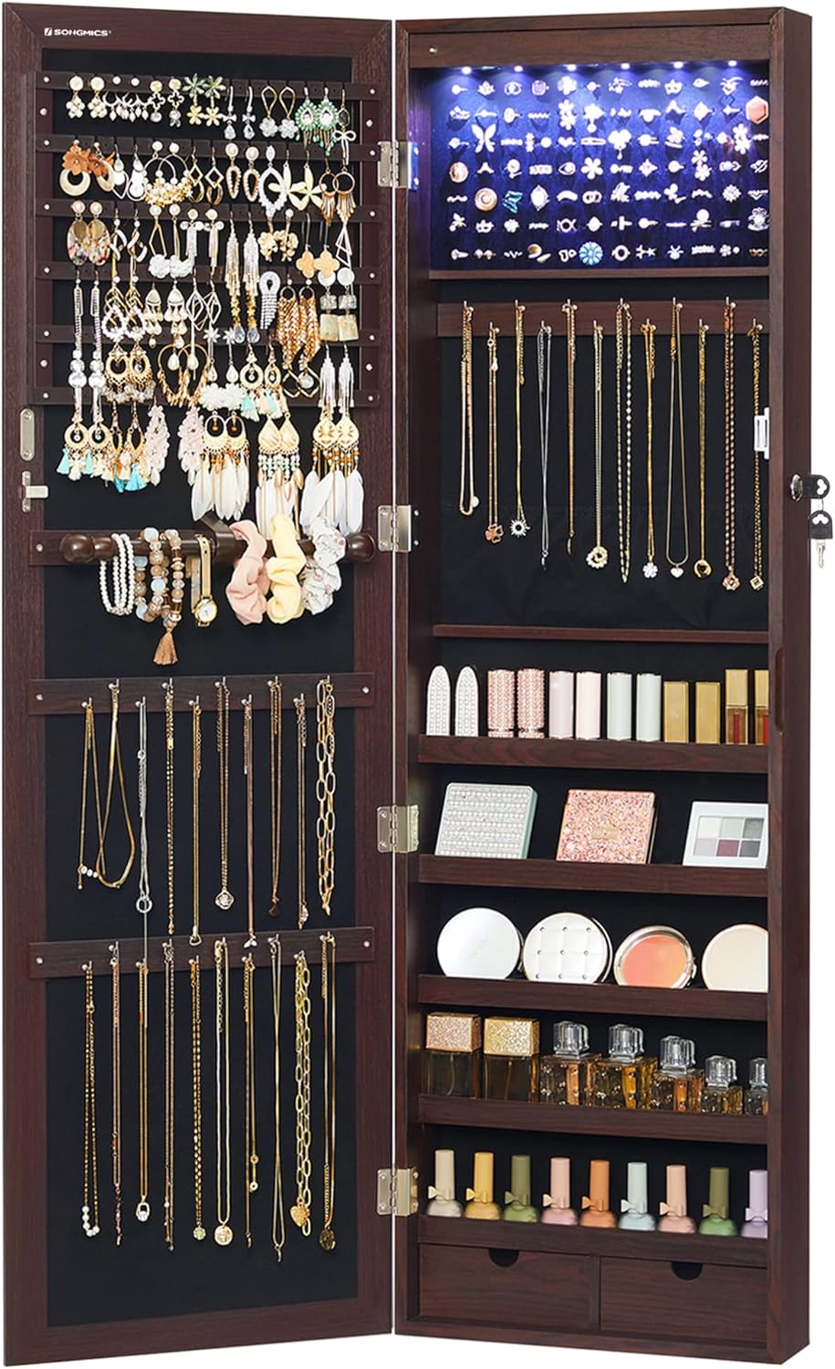 SONGMICS 6 LEDs Mirror Jewelry Cabinet, 47.2-Inch Tall Lockable Wall or Door Mou...