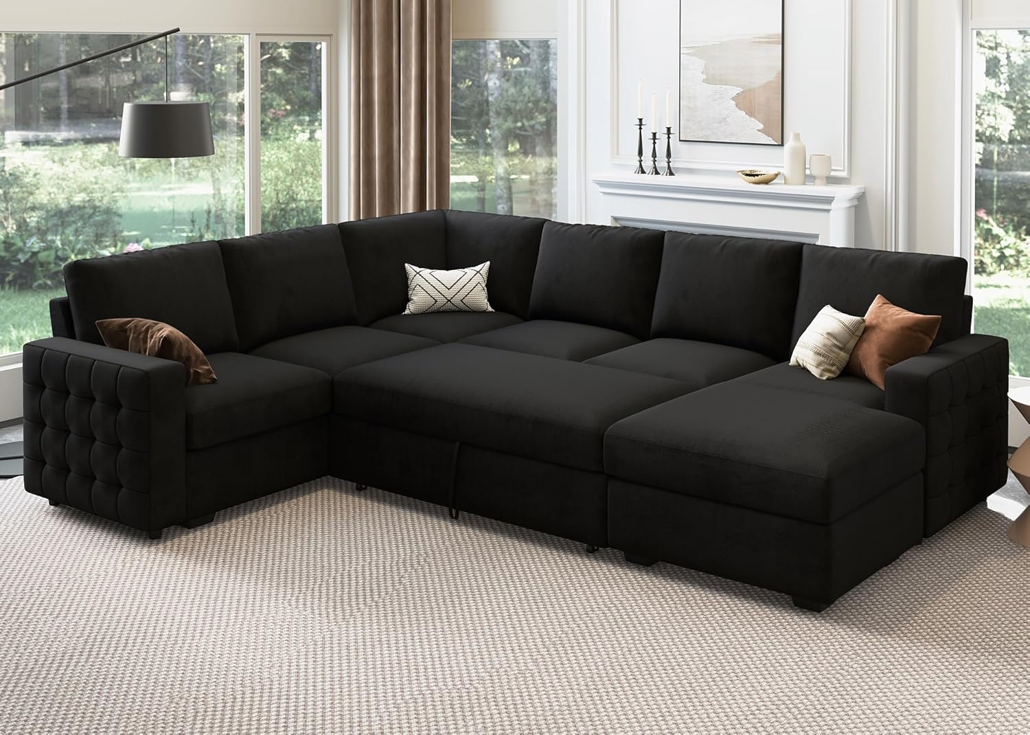 HONBAY Sectional Sleeper Sofa Pull Out Bed with Storage Chaise, Velvet Sleeper S...