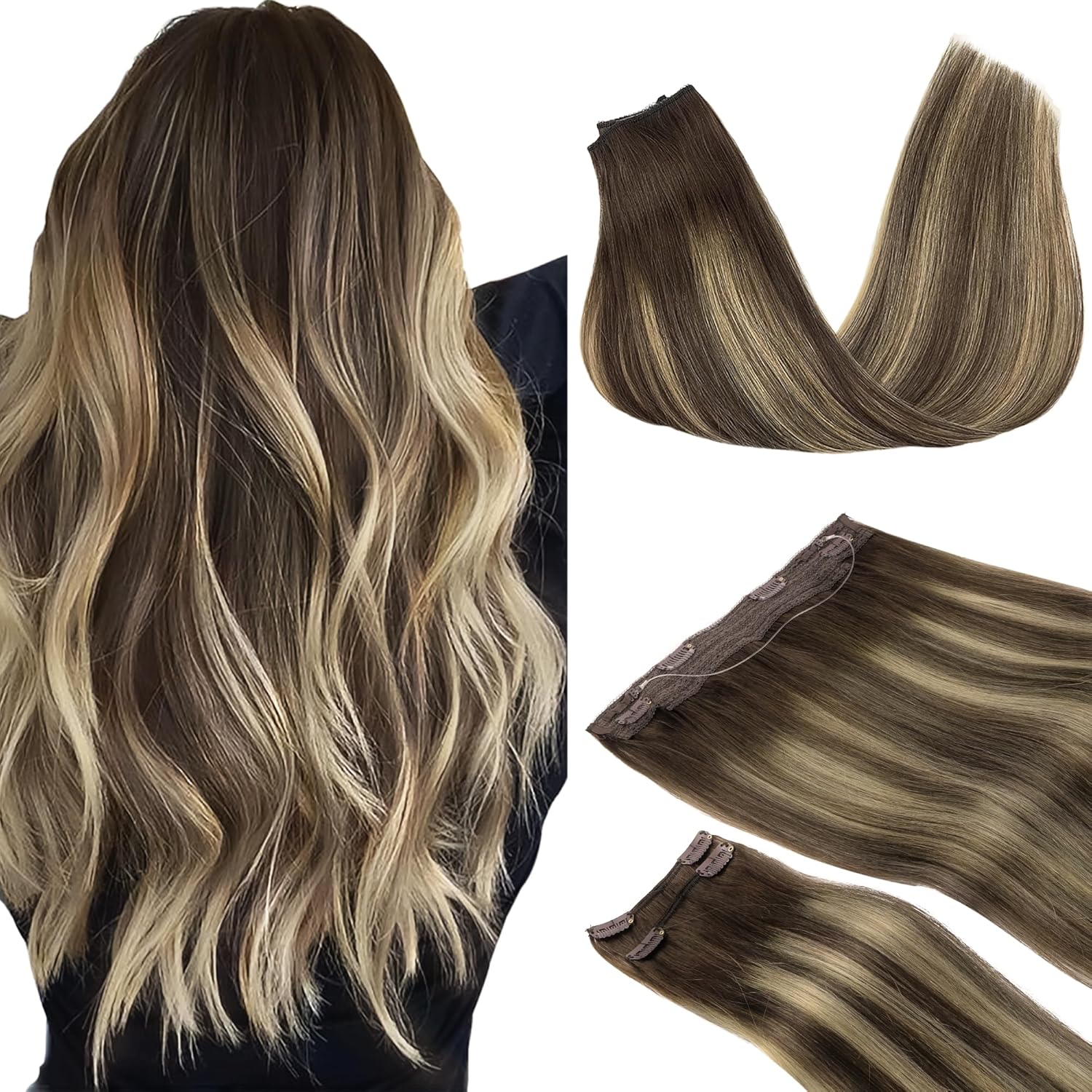 GOO GOO Wire Hair Extensions Human Hair, 4/26/4 Chocolate Brown with Honey Blond...