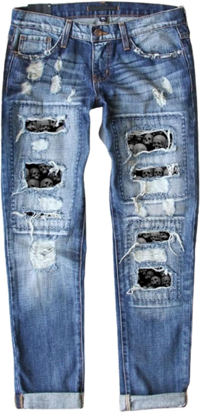 Astylish Womens Plaid Patch Ripped Boyfriend Jeans, Unique Distressed Stretch Sk...