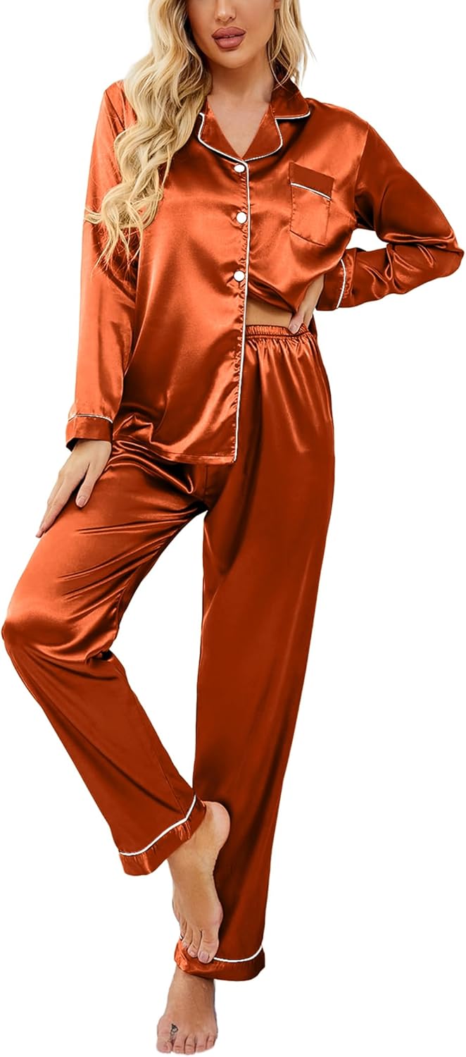 Ekouaer Women's Pajama", Special Classic Button Down Long Satin Silk Pajama Set"...
