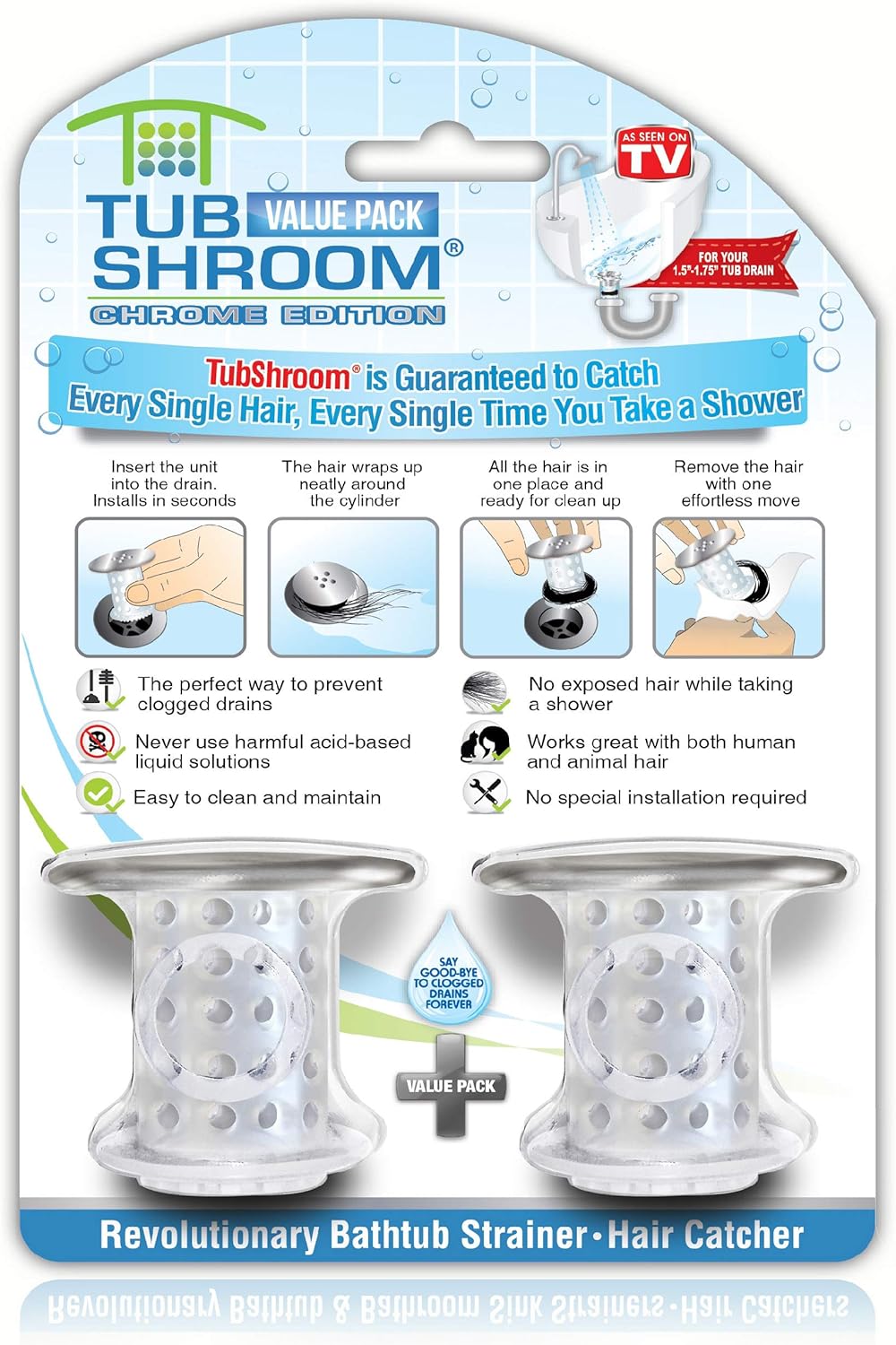TubShroom Bathtub Drain Protector and Hair Catcher - 2 Pack, Chrome - Fits 1.5"...
