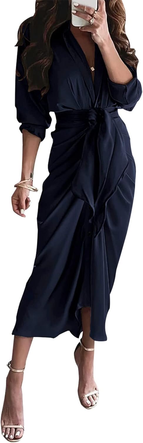 BTFBM Satin Dress, Special Long Sleeve Dress for 2024 Summer Fall, Elegant Women...