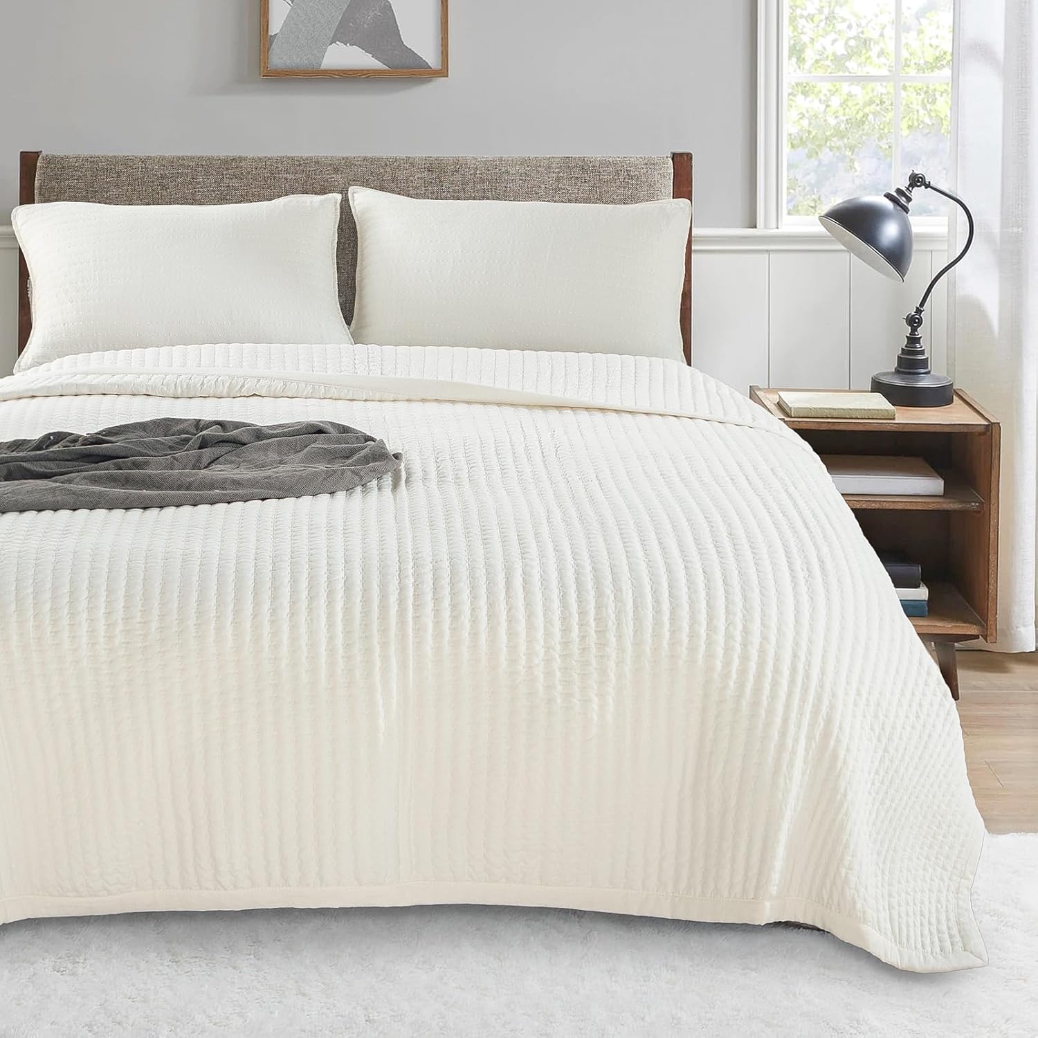 KASENTEX Quilt Mini Set-Stone Washed-Super Soft Bedspread-Light Weight-White Dow...