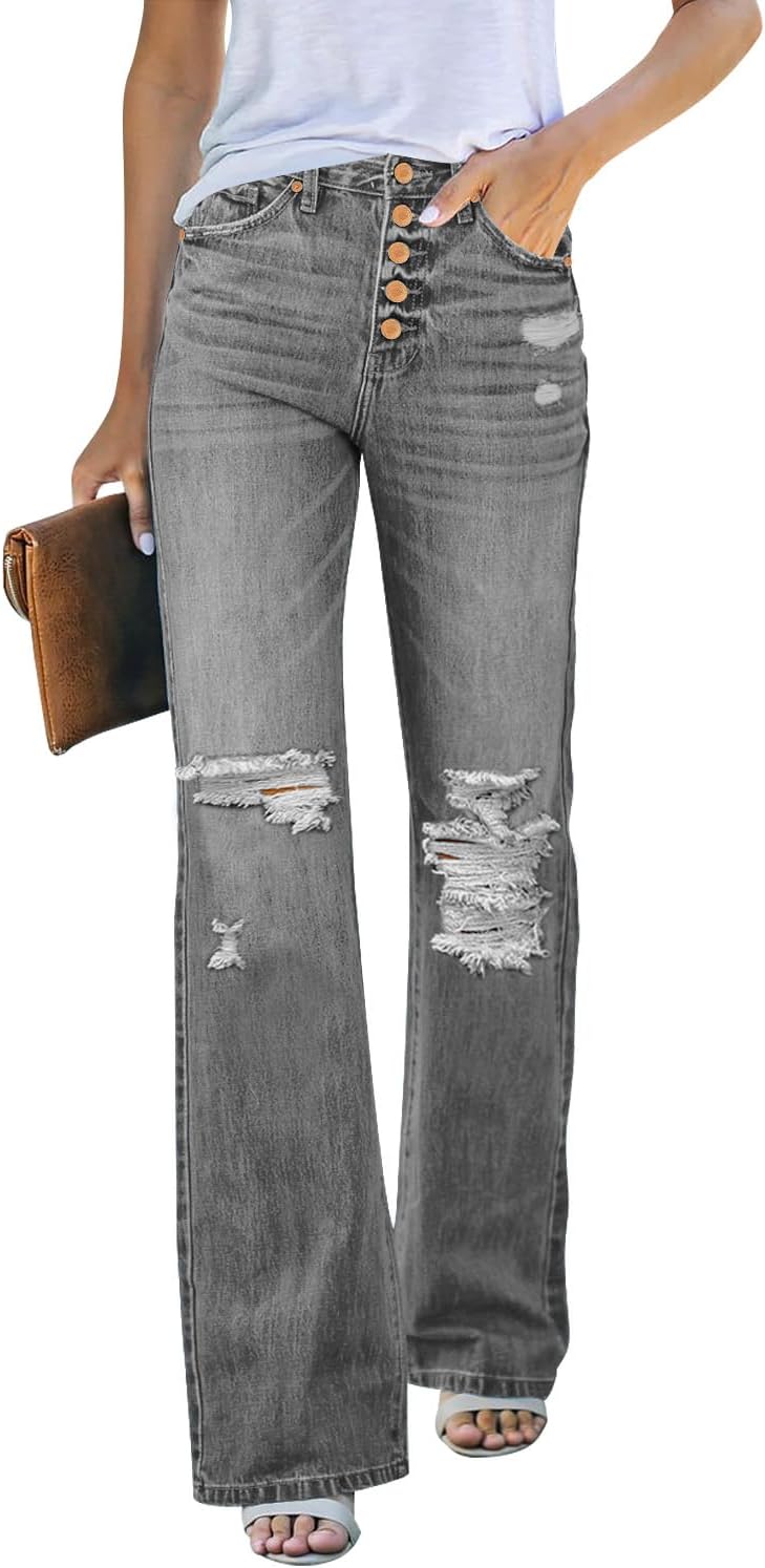 LookbookStore High Waisted Ripped Flare Jeans, Special Distressed Bell Bottom Je...