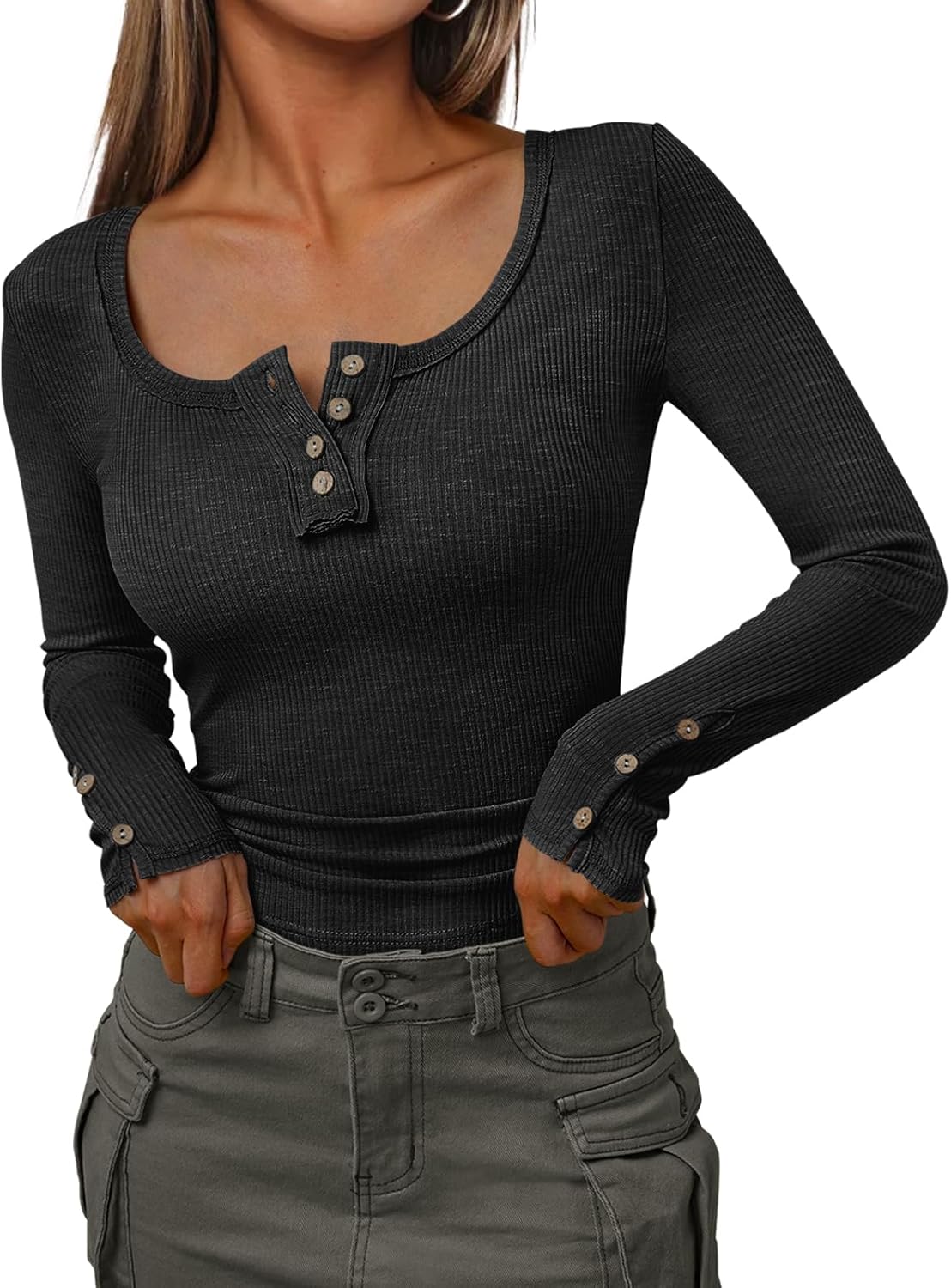 Kissfix Women's Long Sleeve Shirts Casual Fall Henley Top Button Down Blouses Ba...