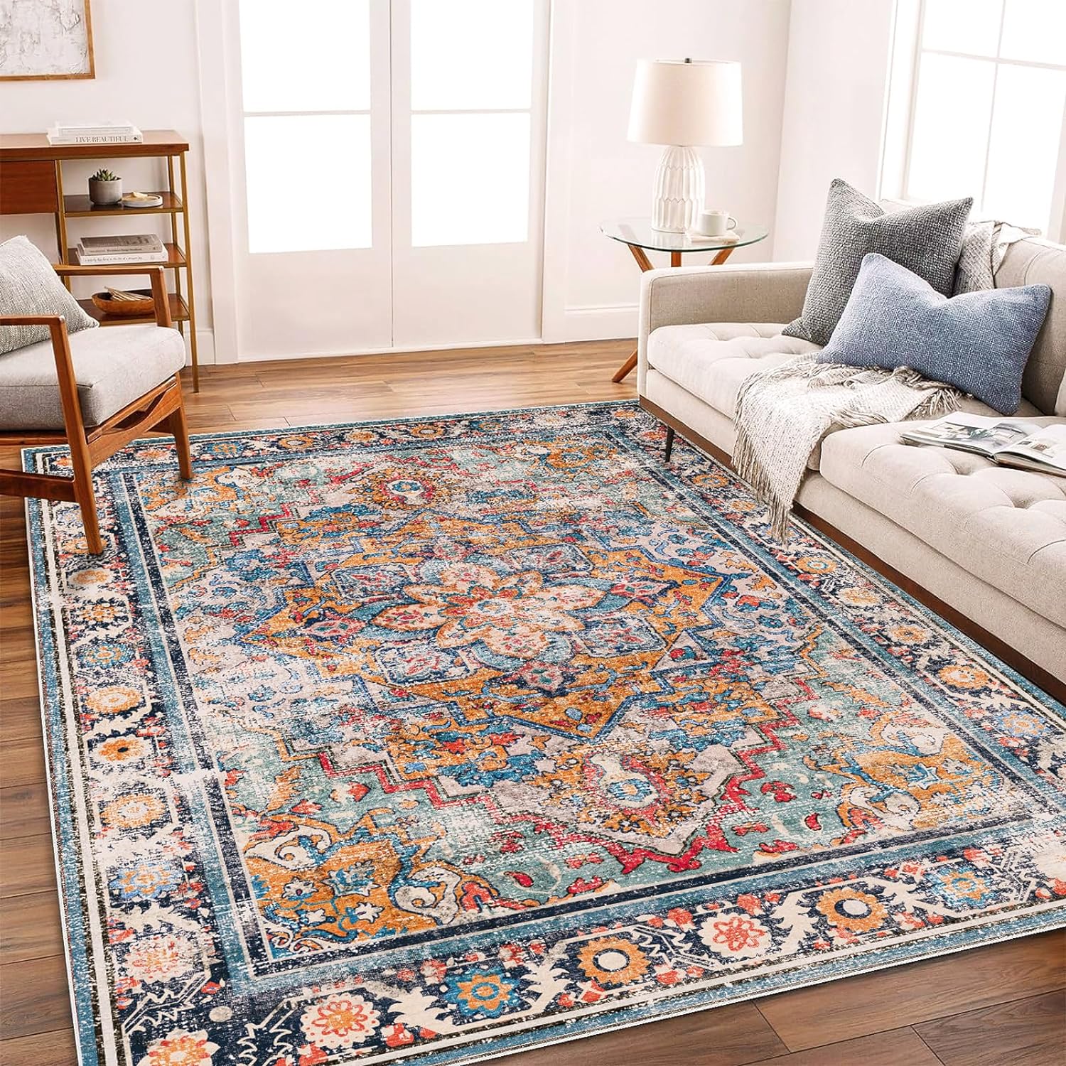 6'x9' Washable Vintage Area Rug Boho Chic Medallion Distressed Design Non-Sheddi...