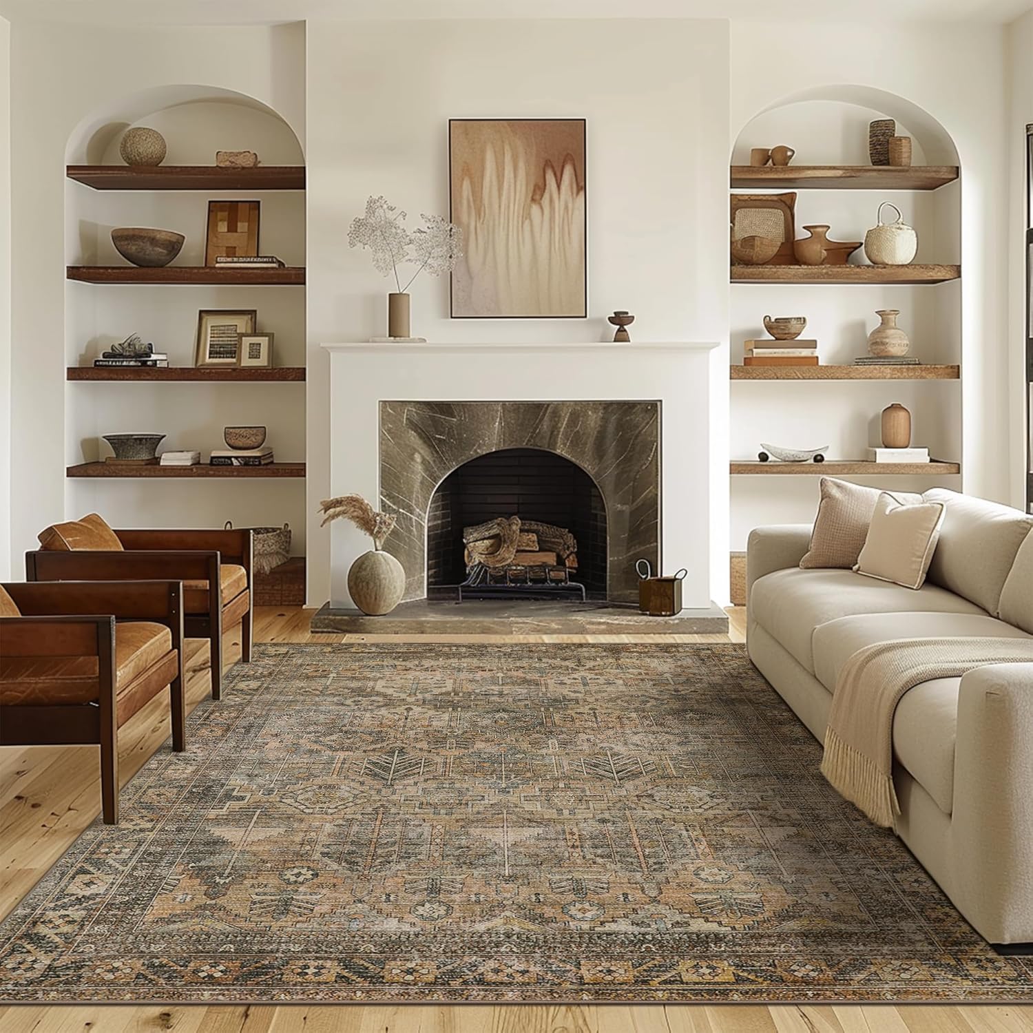 Area Rug 8x10 Machine Washable Vintage Distressed Print Ultra-Thin Chenille Bedr...