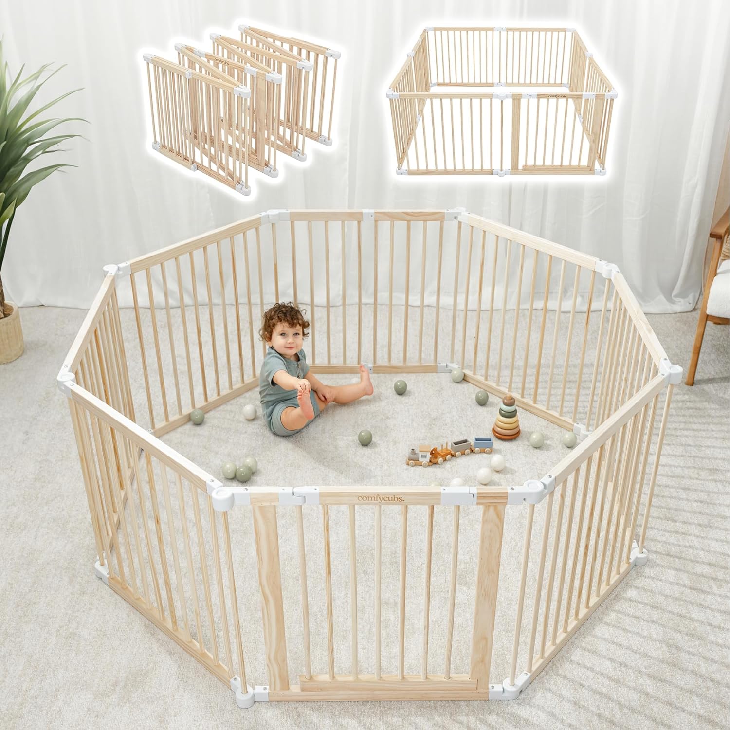 Baby Playpen & Baby Gate for Toddler and Babies, Foldable Wooden Large Shape & S...