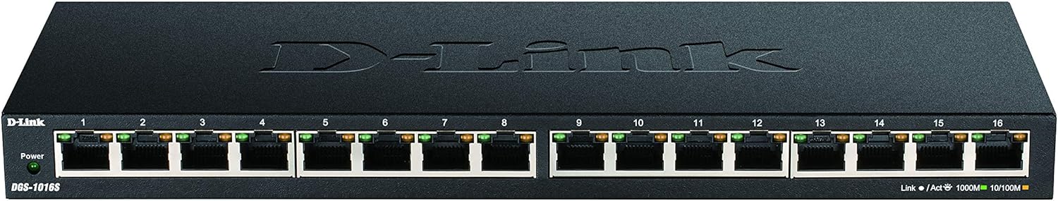 D-Link DGS-1016S Gigabit Switch, Special 16-Port Unmanaged Switch with Fanless D...