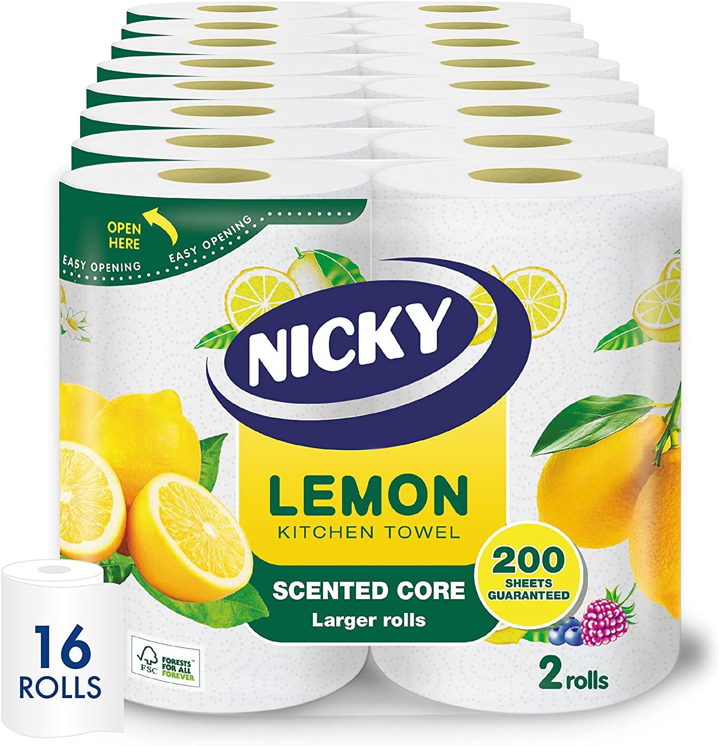 Nicky Lemon Kitchen Towel - Pack of 16 Rolls | 100 2-Ply Sheets per Roll | Absor...