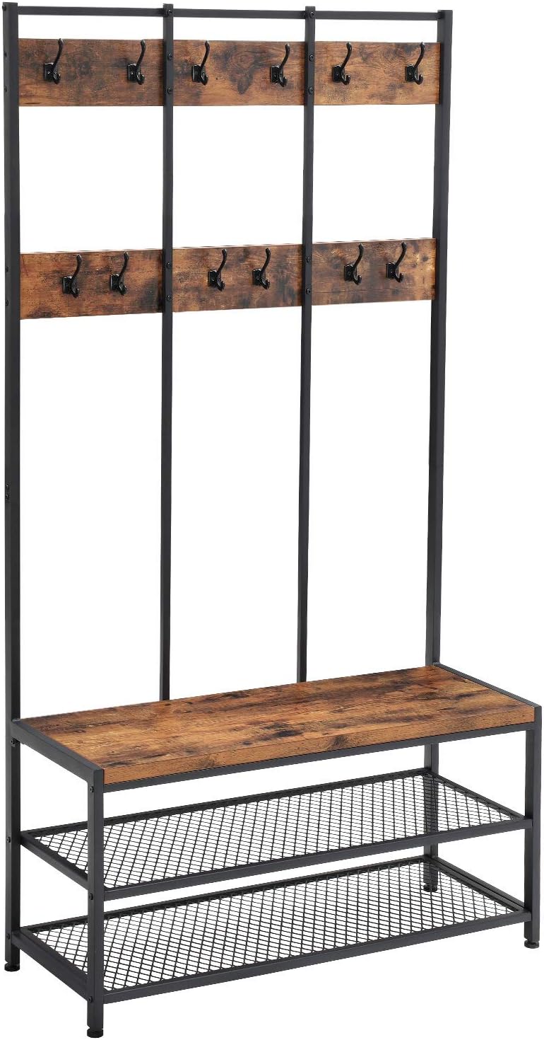 VASAGLE Large Coat Rack, Special Entryway Cabinet with 12 Hooks and Shoe Bench,...