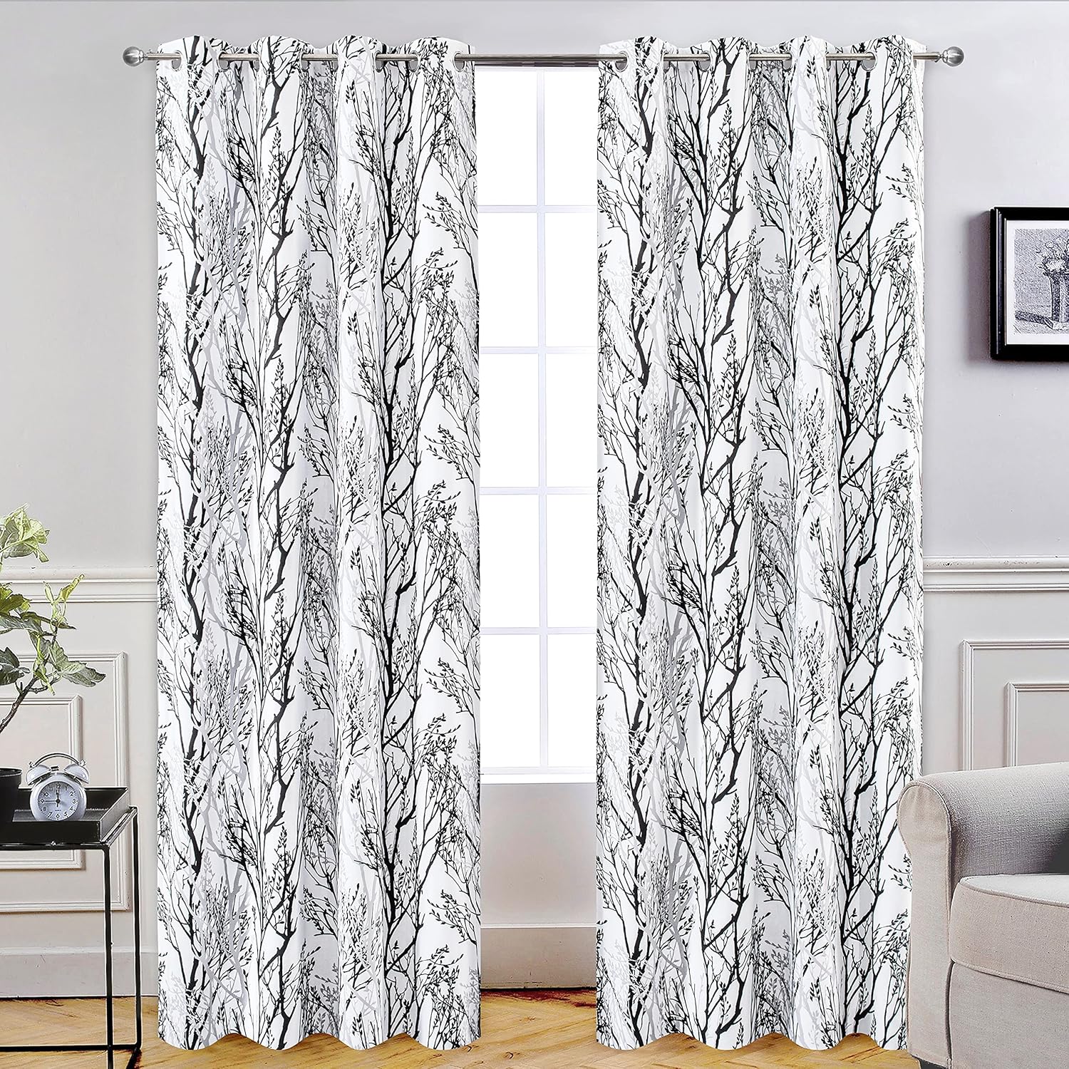 DriftAway Black White Tree Branch Blackout Curtains, Special Window Treatment Li...