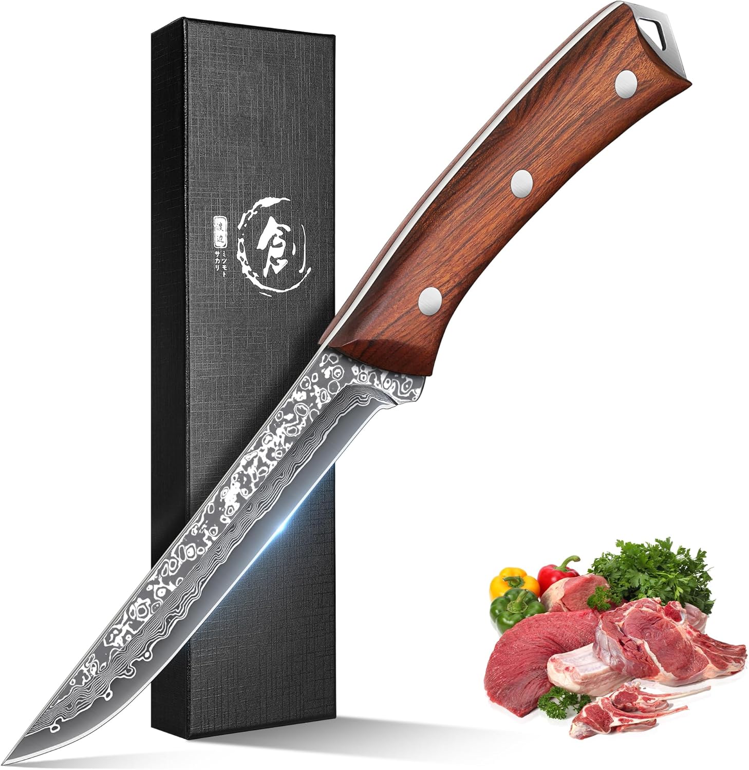ROCOCO Damascus Boning Knife, Special Knife for Meat Cutting, Innovative Debonin...