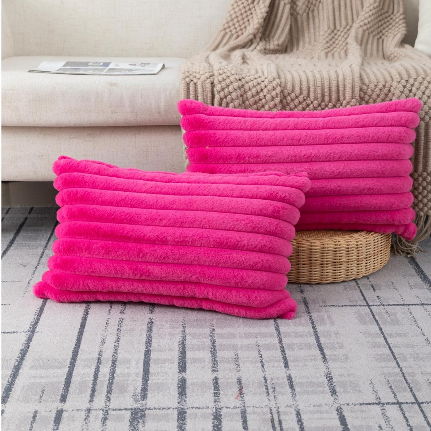 ZLINA Set, Special Faux Fur Plush Throw Pillow Covers, Innovative Hot Pink Fluff...