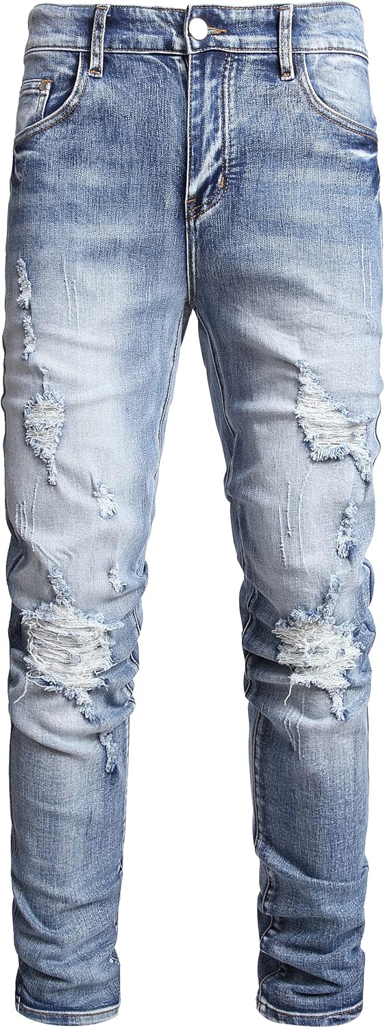 Men's Perforated Slim Fit Elastic Black Denim Jeans Pants 32 Light Blue