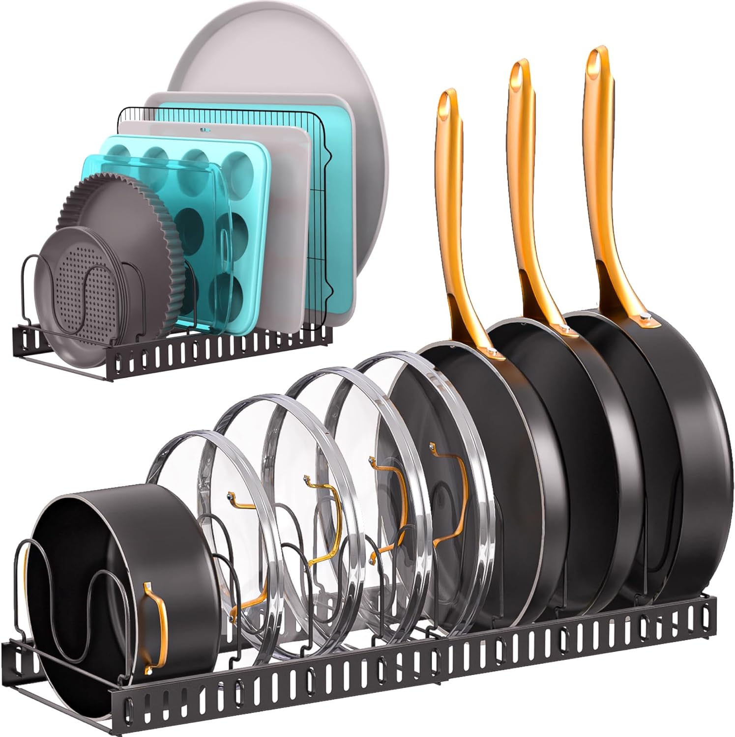 Norcalway Bakeware Pots and Pans Organizer Under Cabinet, 10 Adjustable Compartm...