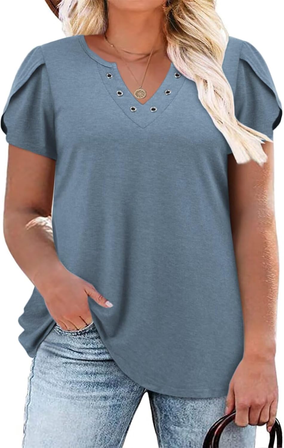 DOLNINE Womens Plus Size Tops Basic Casual T-Shirts Ring Hole V Neck Petal Short...