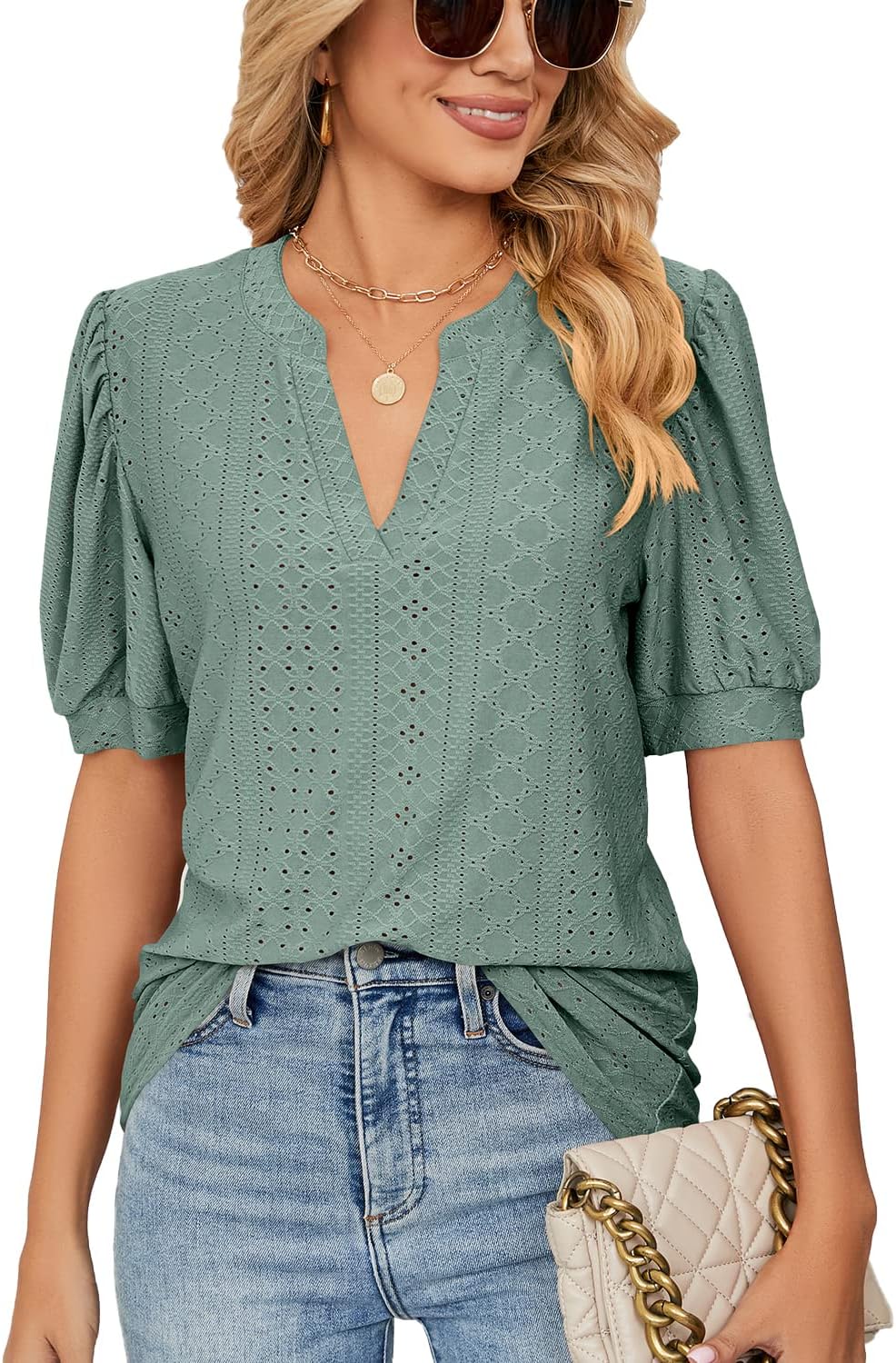 Womens Summer Tops, Special V Neck Ruffle Sleeve Blouses, High-Quality Short Sle...