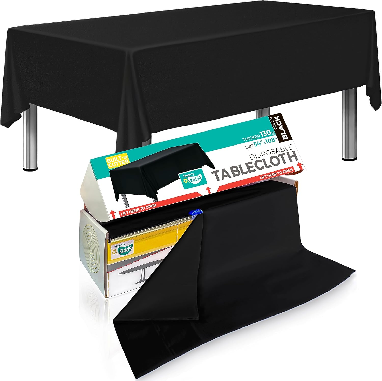 54in X 100ft Black Premium Plastic Disposable Tablecloth Roll with in Built Cutt...