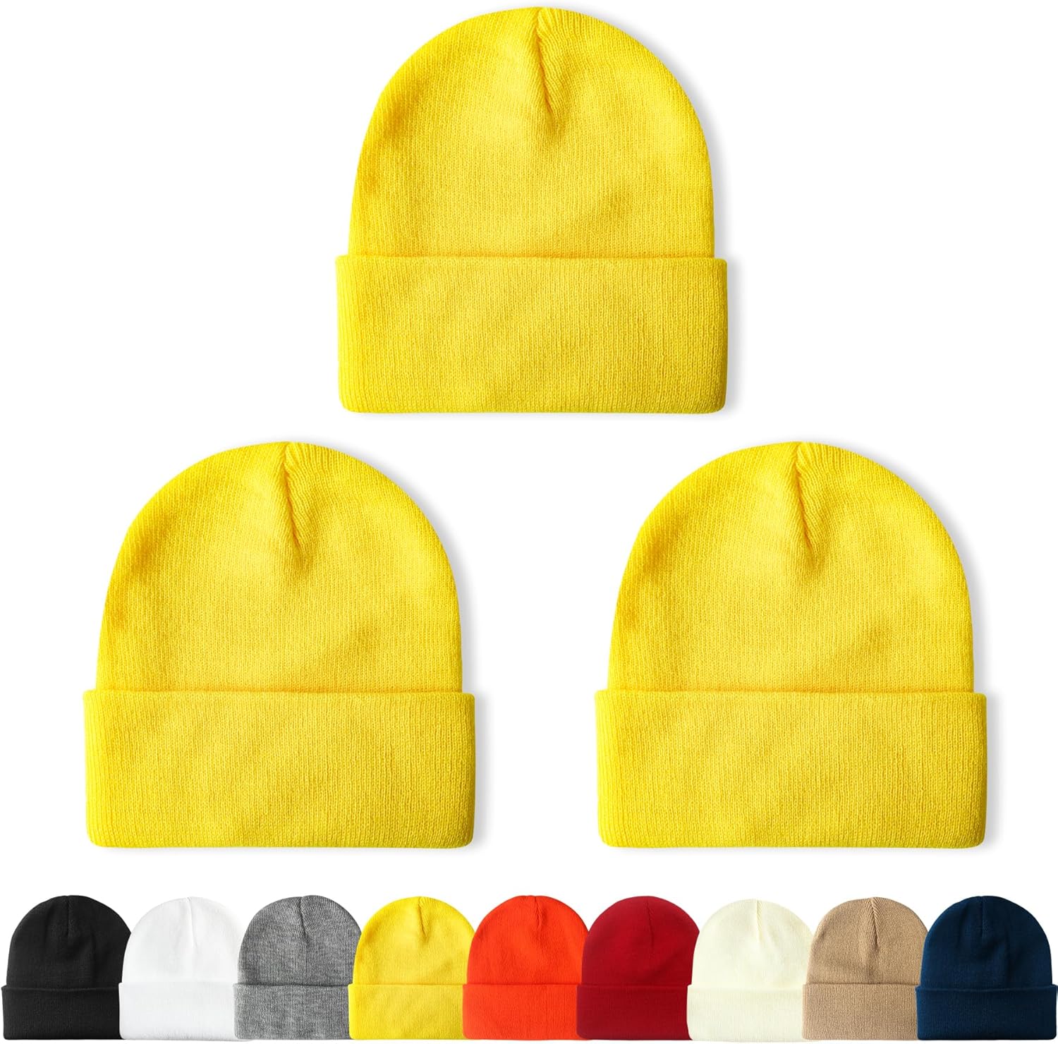NPQQUAN 3 Packs Unisex Beanie Hats for Men Women Winter Knit Beanies Yellow+yell...