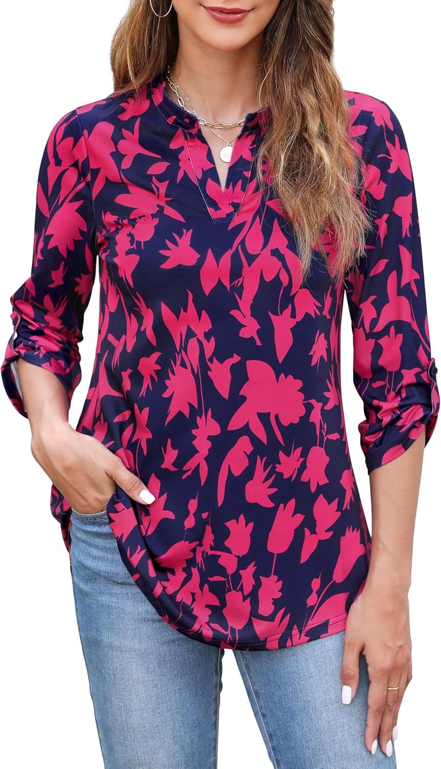 Zattcas Womens Floral Printed, Unique Tunic Shirts, Special 3/4 Roll Sleeve Top,...