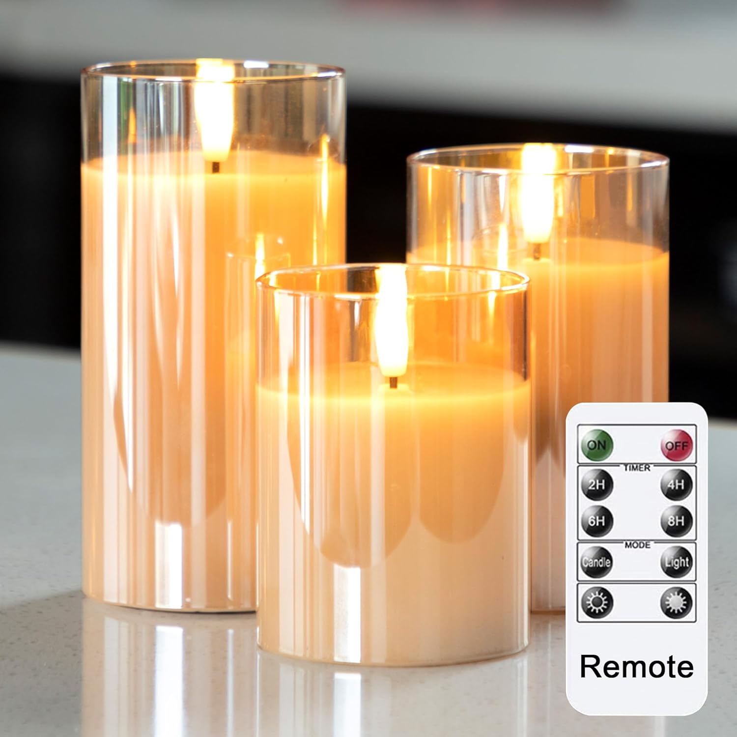 LUSHABOR Flameless Candles with Remote, 3 Pack Glass Battery Operated Candles wi...