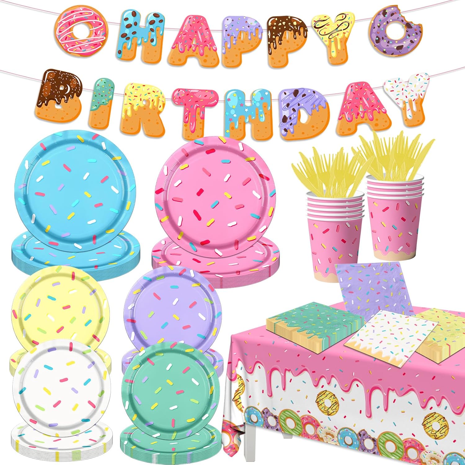 Donut Party Decorations, Special Donut Birthday Paper Plates, Cups, Napkins, Uni...