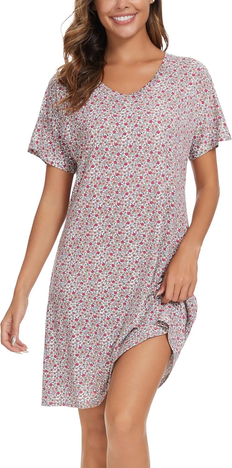 Nightgowns for Women Cotton Sleepshirts Short Sleeve V Neck Night Shirts Flowers...