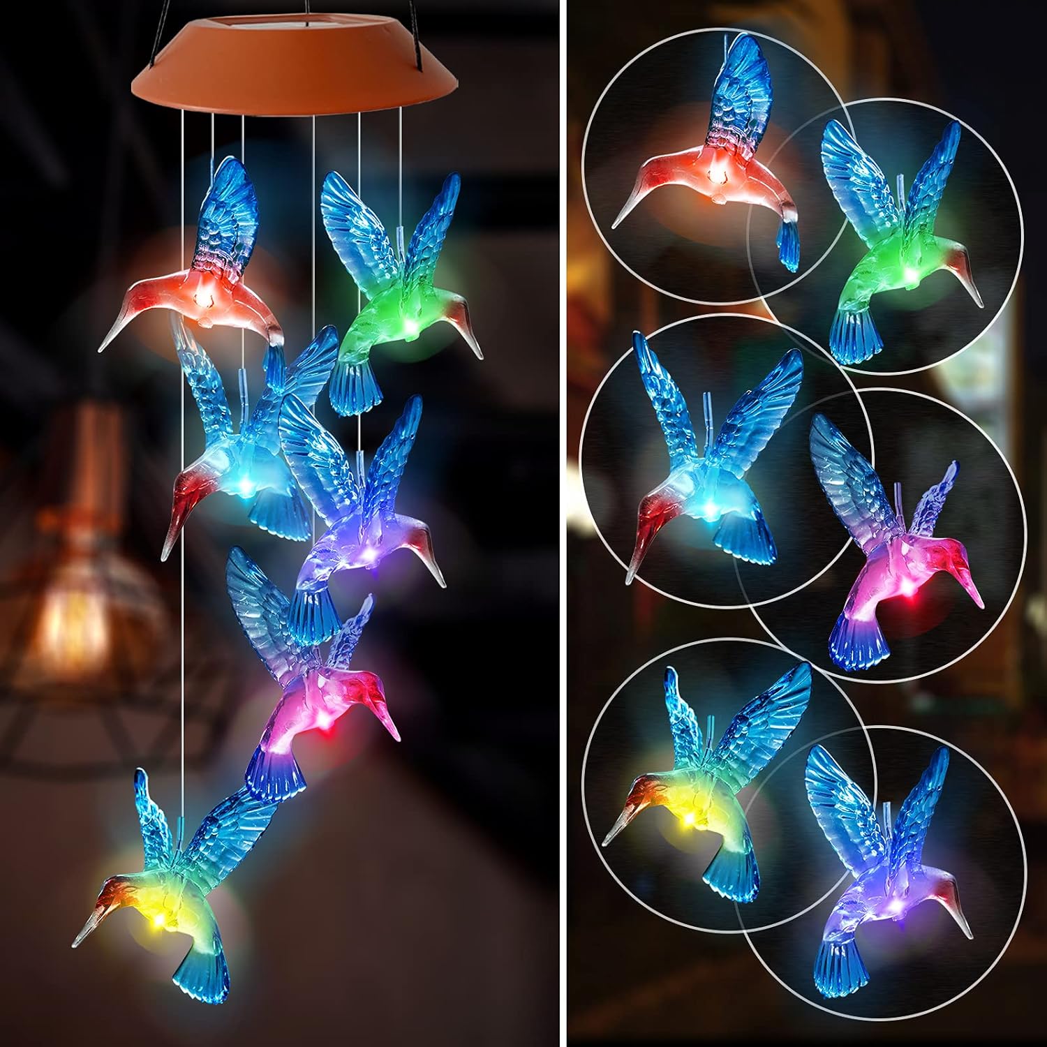 Hummingbird Wind Chimes Outdoor Color Changing Solar Mobile Light Outdoor Decora...