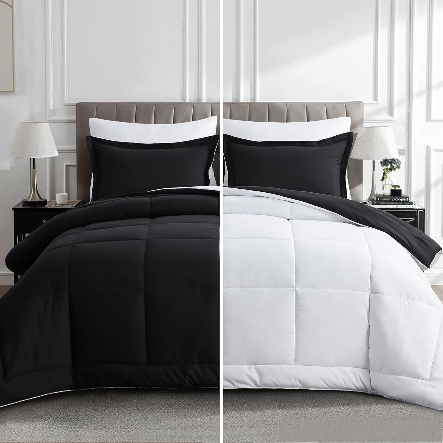 Aisbo Black and White Comforter Set Queen - 3-Pieces Soft Reversible Comforter S...