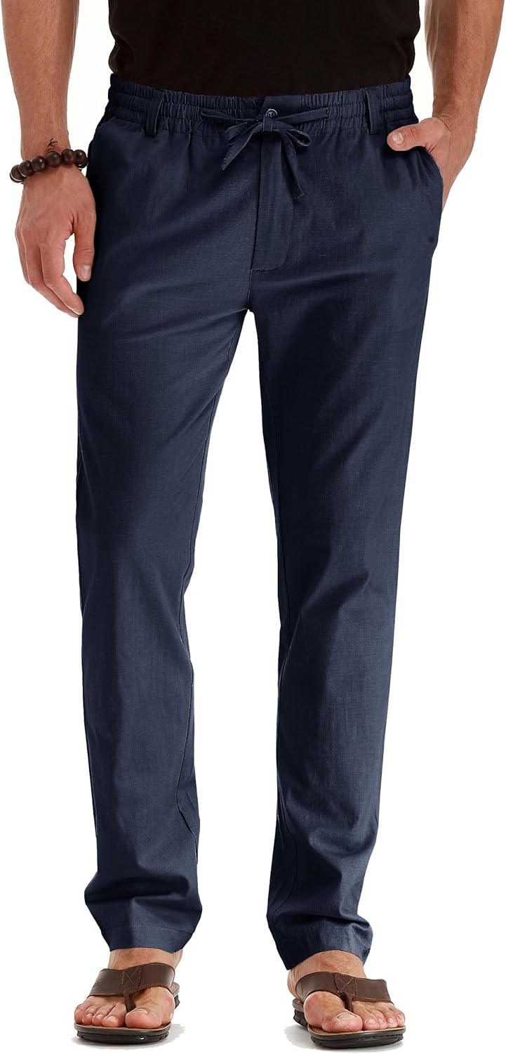 Mens Casual Linen Pants, Special Loose Fit Elastic Drawstring Waist Trousers, In...