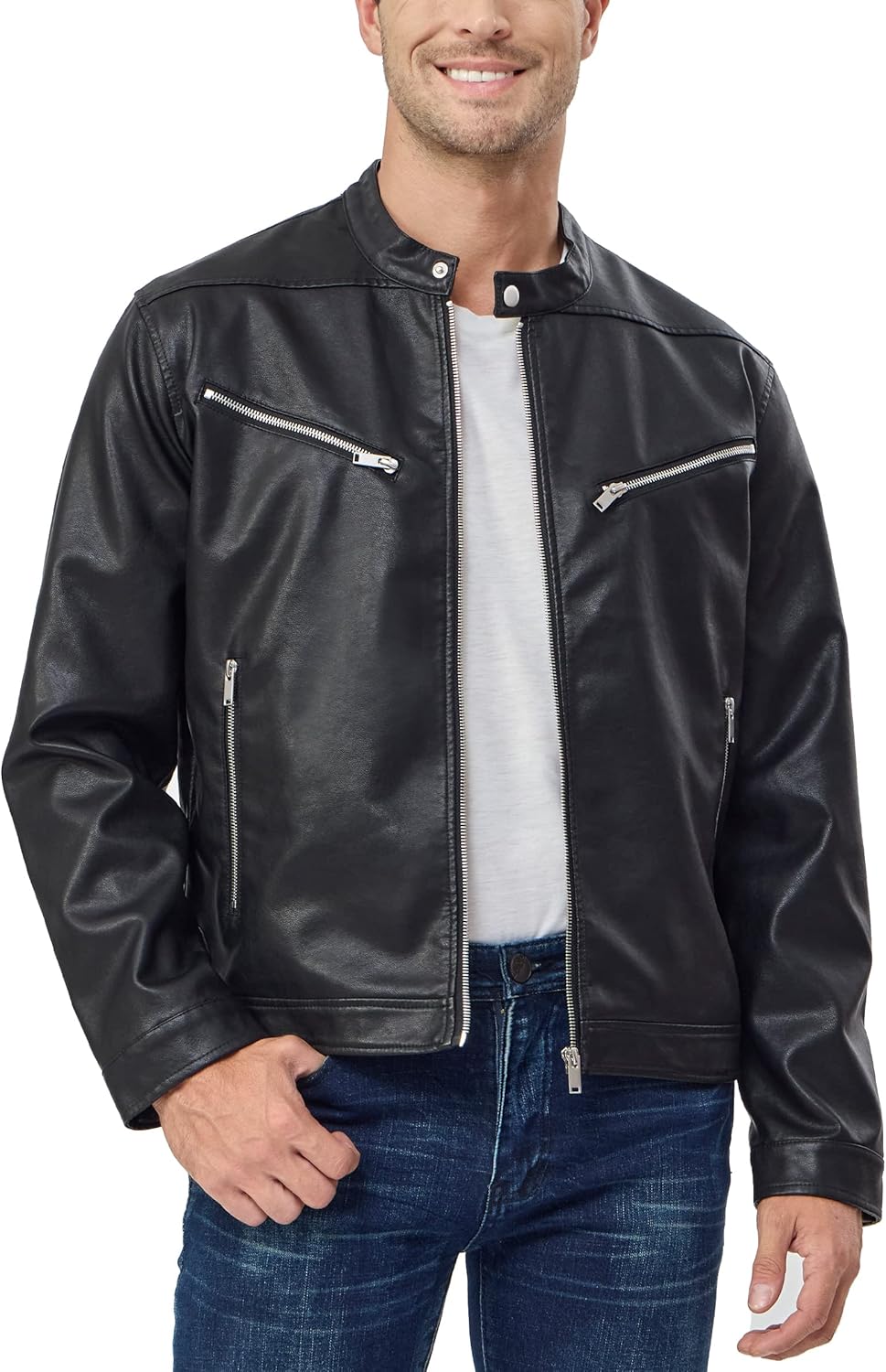 Fahsyee Faux Leather Jacket Men - Black Bomber Jackets Motorcycle Stand Collar L...