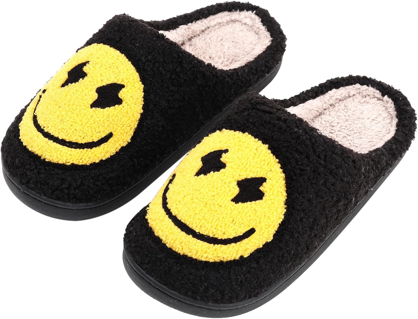 Retro Lightning Bolt Smile Face Slippers, Special Soft Plush Comfy Warm Fuzzy Sl...