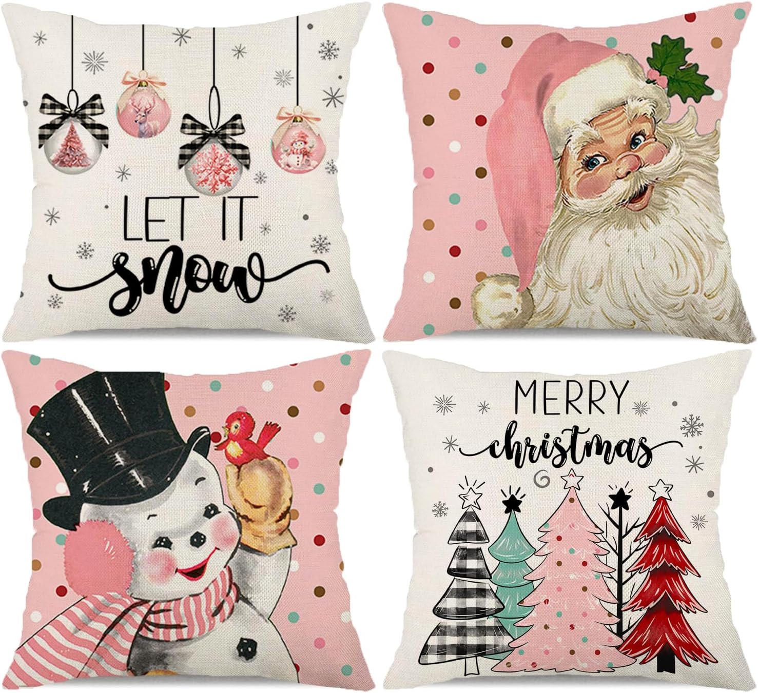 Pink Christmas Decorations, Unique Pillow Covers Set of 4, Decorative Throw Cush...