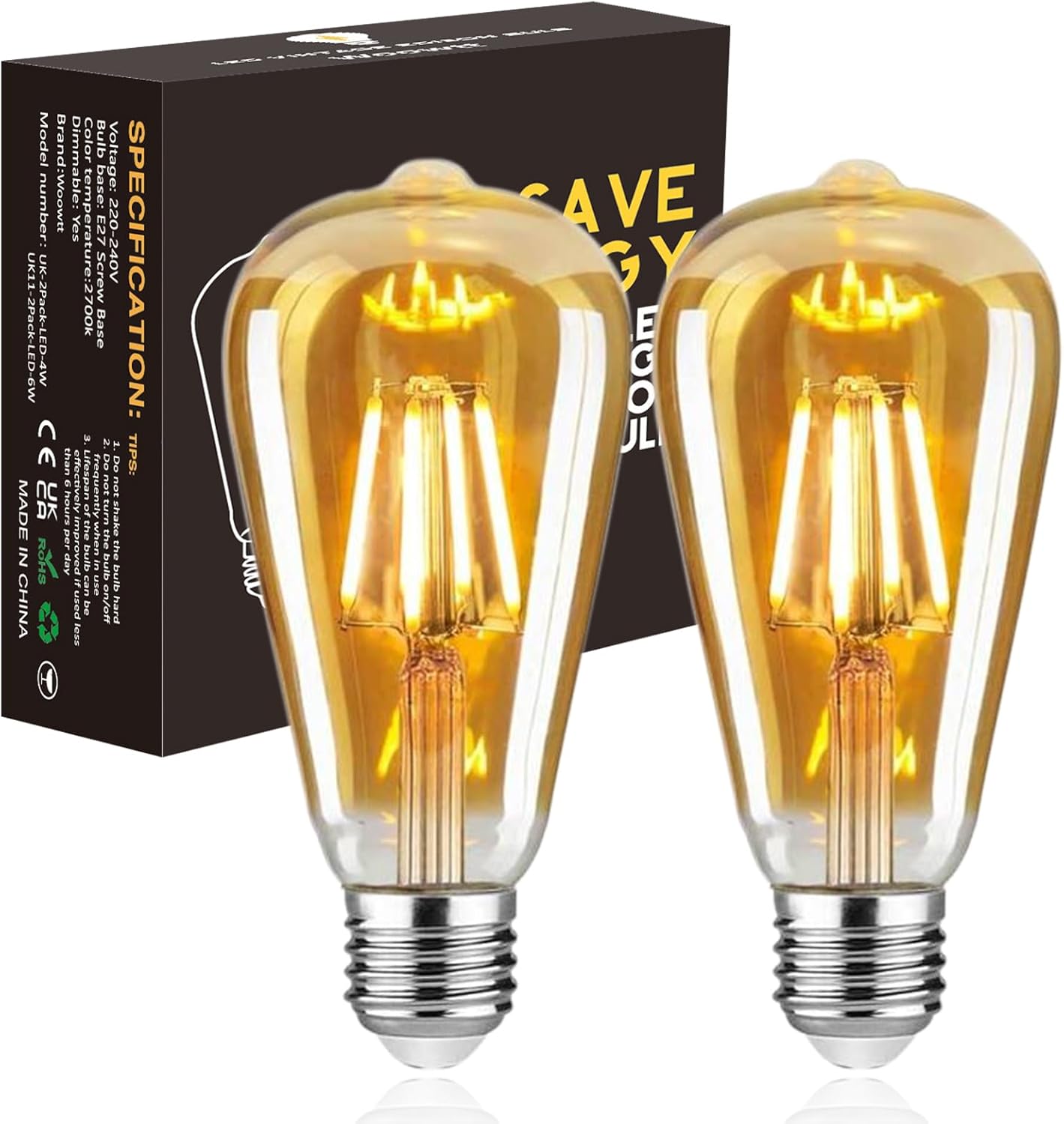 Woowtt Edison Led Bulbs E27, 4W Vintage Screw Light Bulb Warm White 2700K, Dimma...