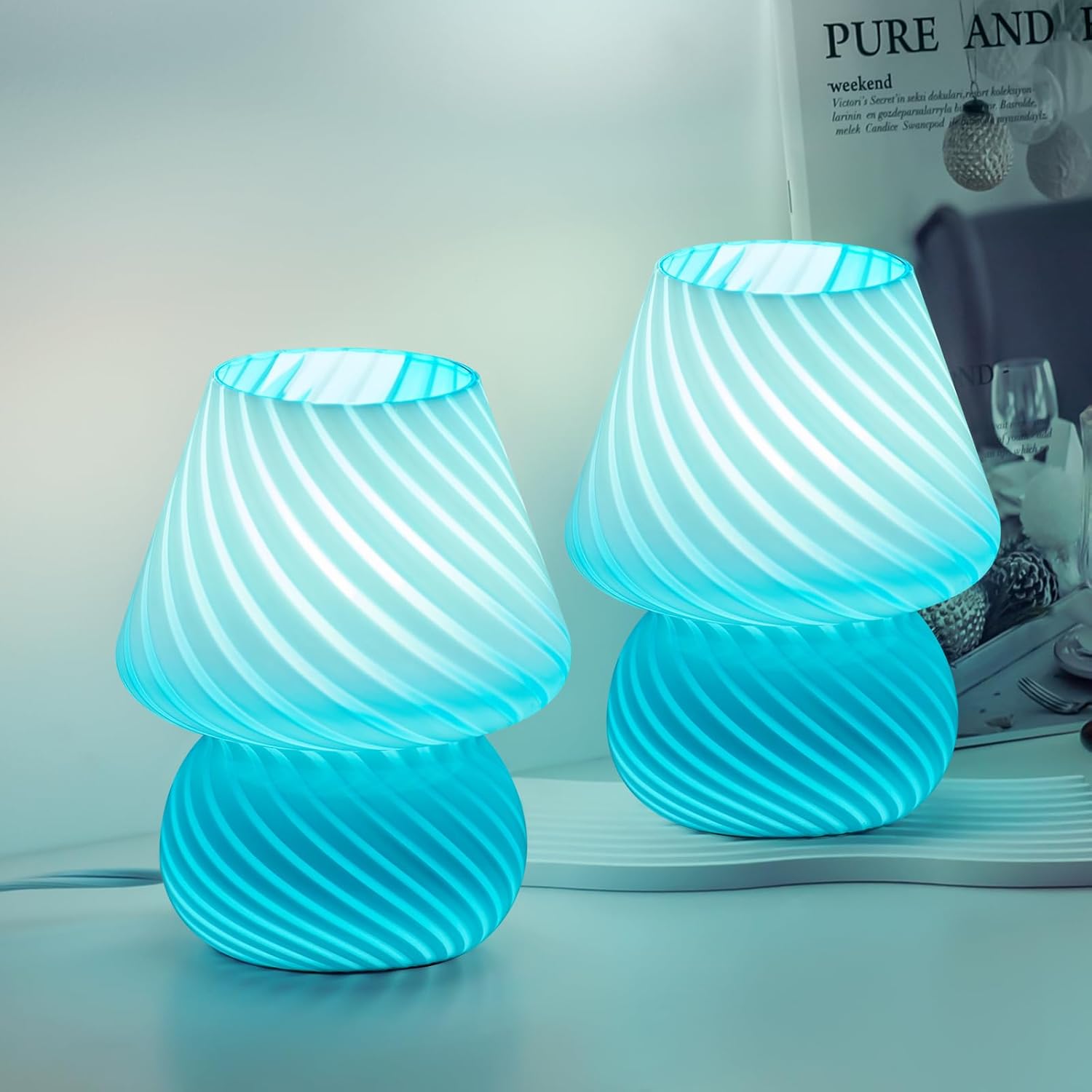 ONEWISH Mushroom Lamps Set of 2 - Small Table Lamp with Striped Glass, Nightstan...